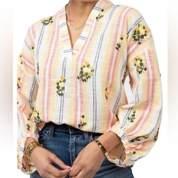 Ivy Jane Women's Size S/M Colorful Striped Floral Boho 100% Cotton Blouse Top - Picture 1 of 13